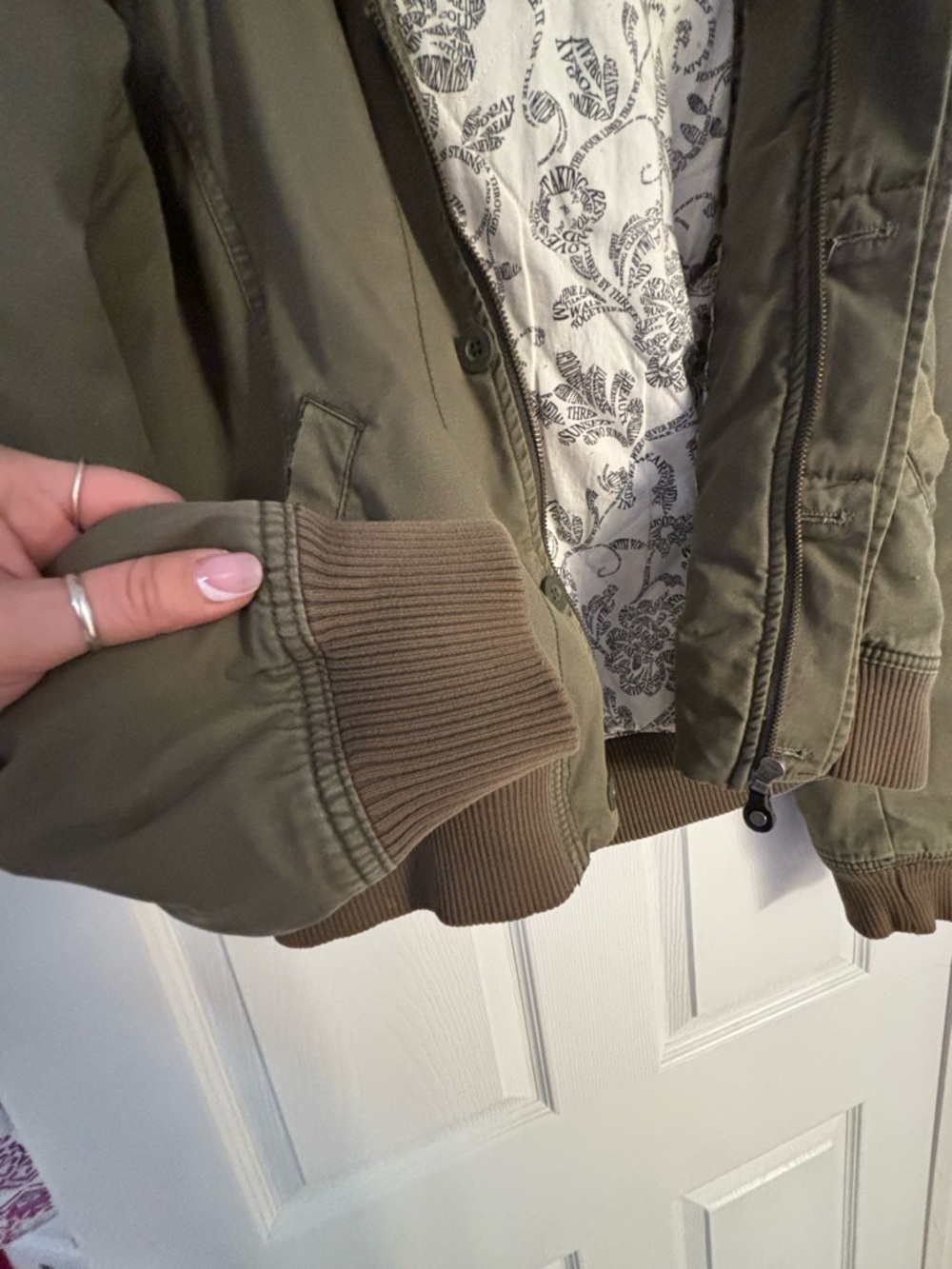 TNA Olive Green Bomber Jacket with Floral Lining - Picture 6 of 10